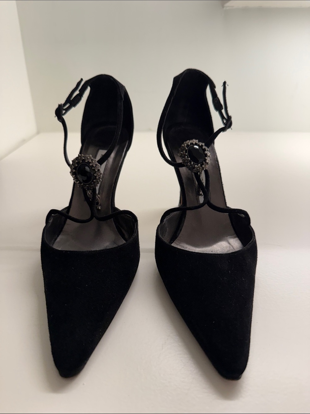 Manolo Blahnik Black Pointed-Toe Ankle Strap Heels with Jeweled Accent